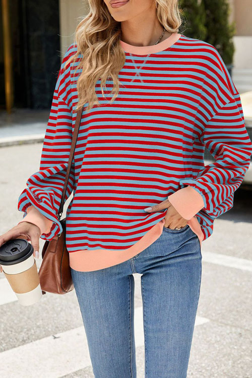 Nonnadress Striped Crewneck Color-block Loose Sweatshirt Jacket