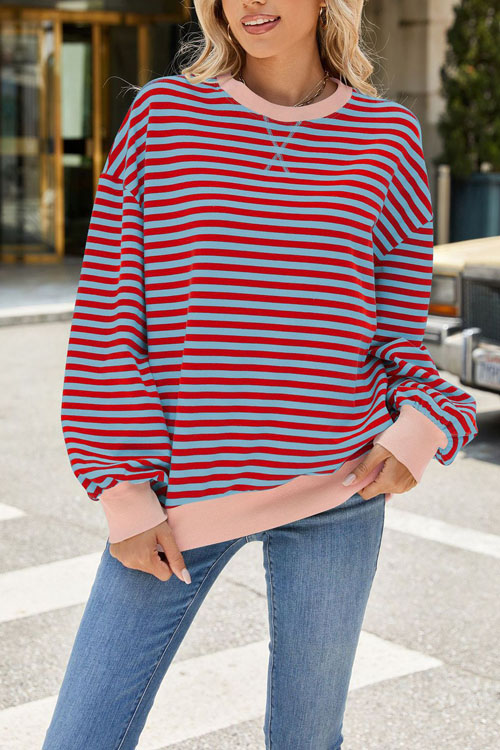 Nonnadress Striped Crewneck Color-block Loose Sweatshirt Jacket