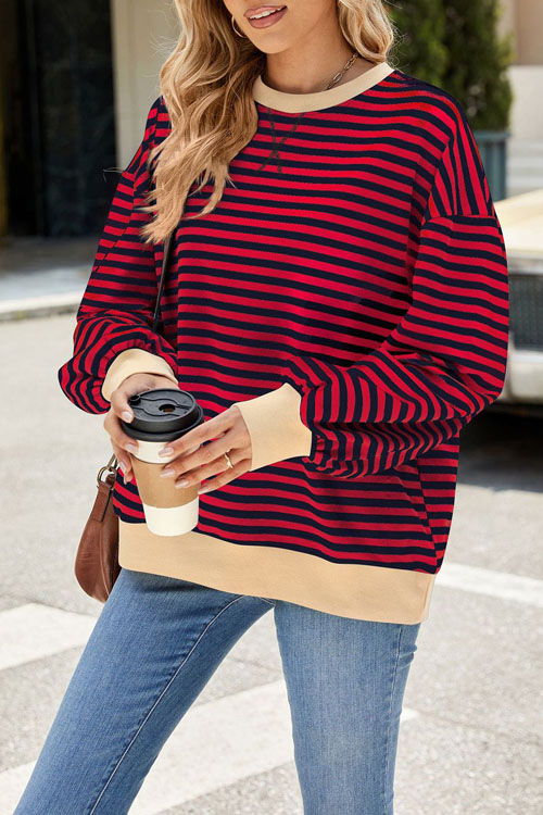Nonnadress Striped Crewneck Color-block Loose Sweatshirt Jacket