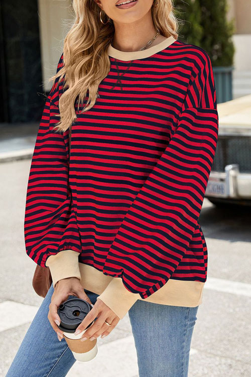 Nonnadress Striped Crewneck Color-block Loose Sweatshirt Jacket