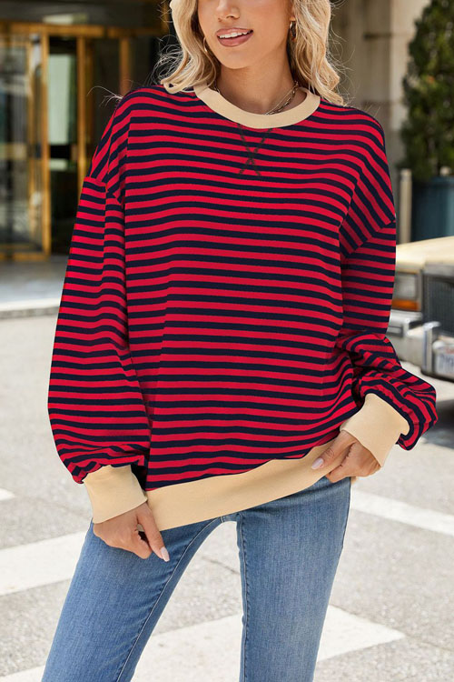 Nonnadress Striped Crewneck Color-block Loose Sweatshirt Jacket