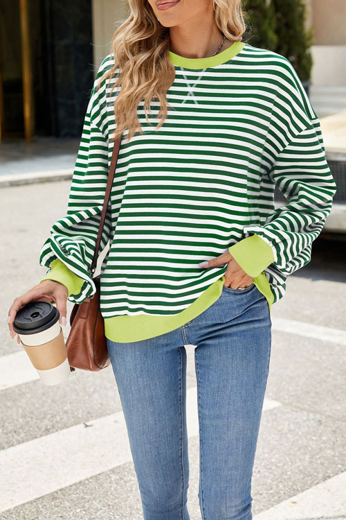 Nonnadress Striped Crewneck Color-block Loose Sweatshirt Jacket