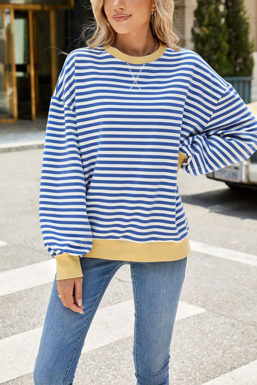 Nonnadress Striped Crewneck Color-block Loose Sweatshirt Jacket