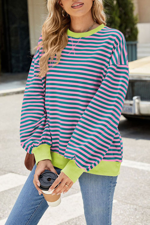 Nonnadress Striped Crewneck Color-block Loose Sweatshirt Jacket