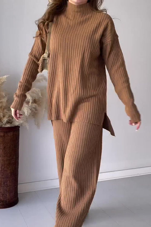 Nonnadress Solid Color Round-neck Casual Knit Sweater and Wide-leg Pants Two-piece Set