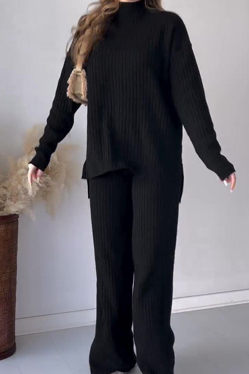 Nonnadress Solid Color Round-neck Casual Knit Sweater and Wide-leg Pants Two-piece Set