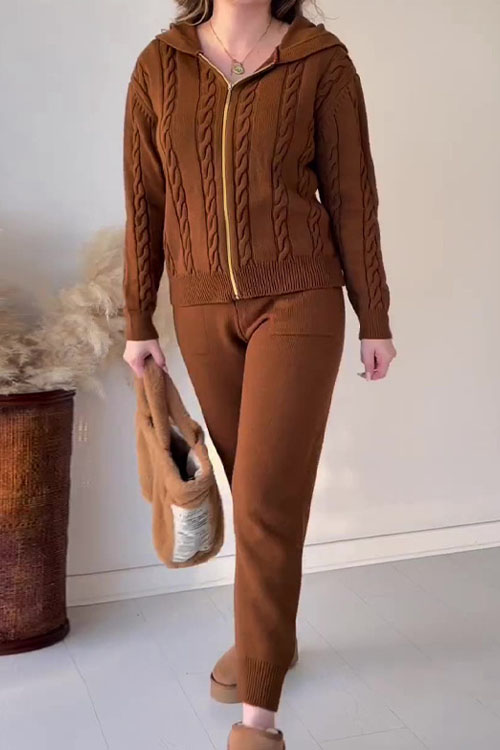 Nonnadress Hemp pattern hooded zip-up top casual home two-piece suit