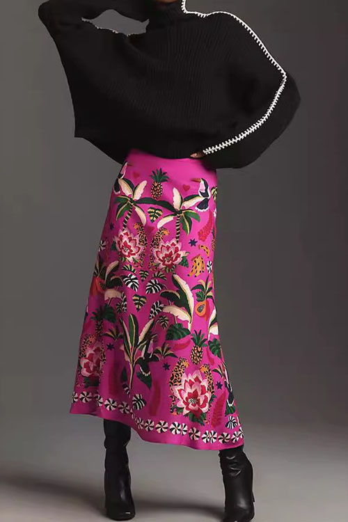 Nonnadress Street Style Tropical Plant Printed Vintage Skirt