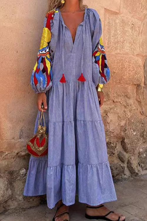 Nonnadress V-Neck Lantern Sleeve Striped Print Dress