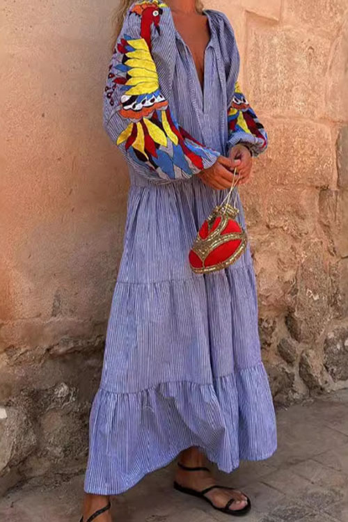 Nonnadress V-Neck Lantern Sleeve Striped Print Dress