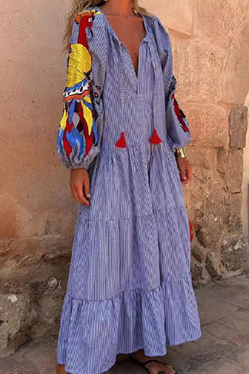 Nonnadress V-Neck Lantern Sleeve Striped Print Dress