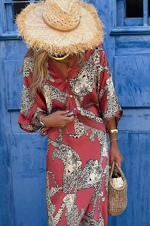 Nonnadress Cheetah Print Button-Up Top and Skirt Set