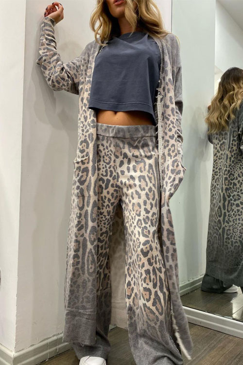 Nonnadress Leopard Print Cardigan and Pants Two-Piece Set