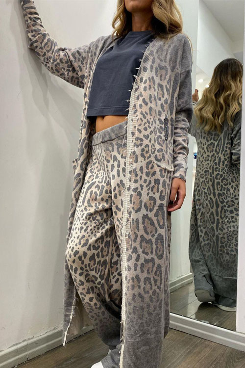 Nonnadress Leopard Print Cardigan and Pants Two-Piece Set