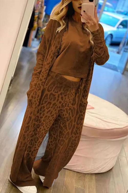 Nonnadress Leopard Print Cardigan and Pants Two-Piece Set