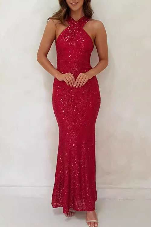 Nonnadress Multicolor Halter Sequin Beaded Gown Dress