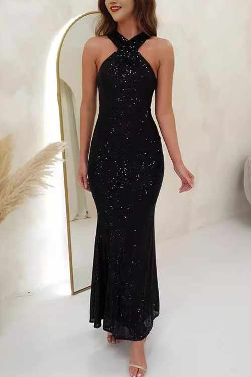 Nonnadress Multicolor Halter Sequin Beaded Gown Dress