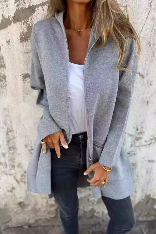 Nonnadress Autumn Winter Solid Color Casual Zip-Up Hooded Jacket