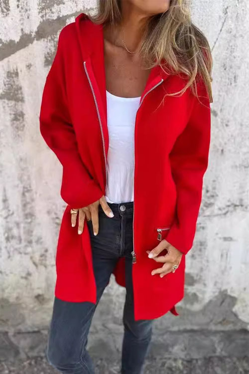 Nonnadress Autumn Winter Solid Color Casual Zip-Up Hooded Jacket