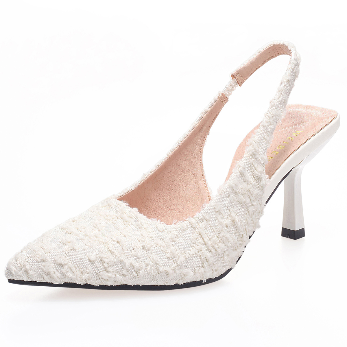 WEIBENA 女士织物流苏白色高跟鞋优雅性感尖头后提带凉鞋适合派对和正式场合