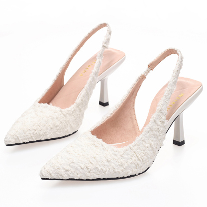 WEIBENA 女士织物流苏白色高跟鞋优雅性感尖头后提带凉鞋适合派对和正式场合