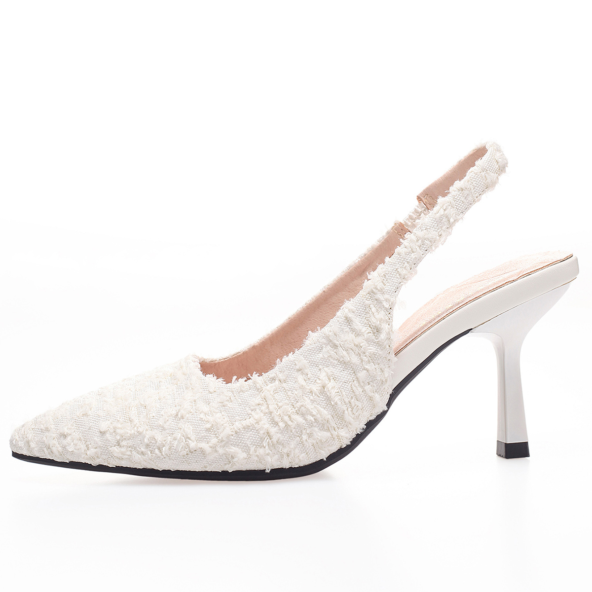 WEIBENA 女士织物流苏白色高跟鞋优雅性感尖头后提带凉鞋适合派对和正式场合
