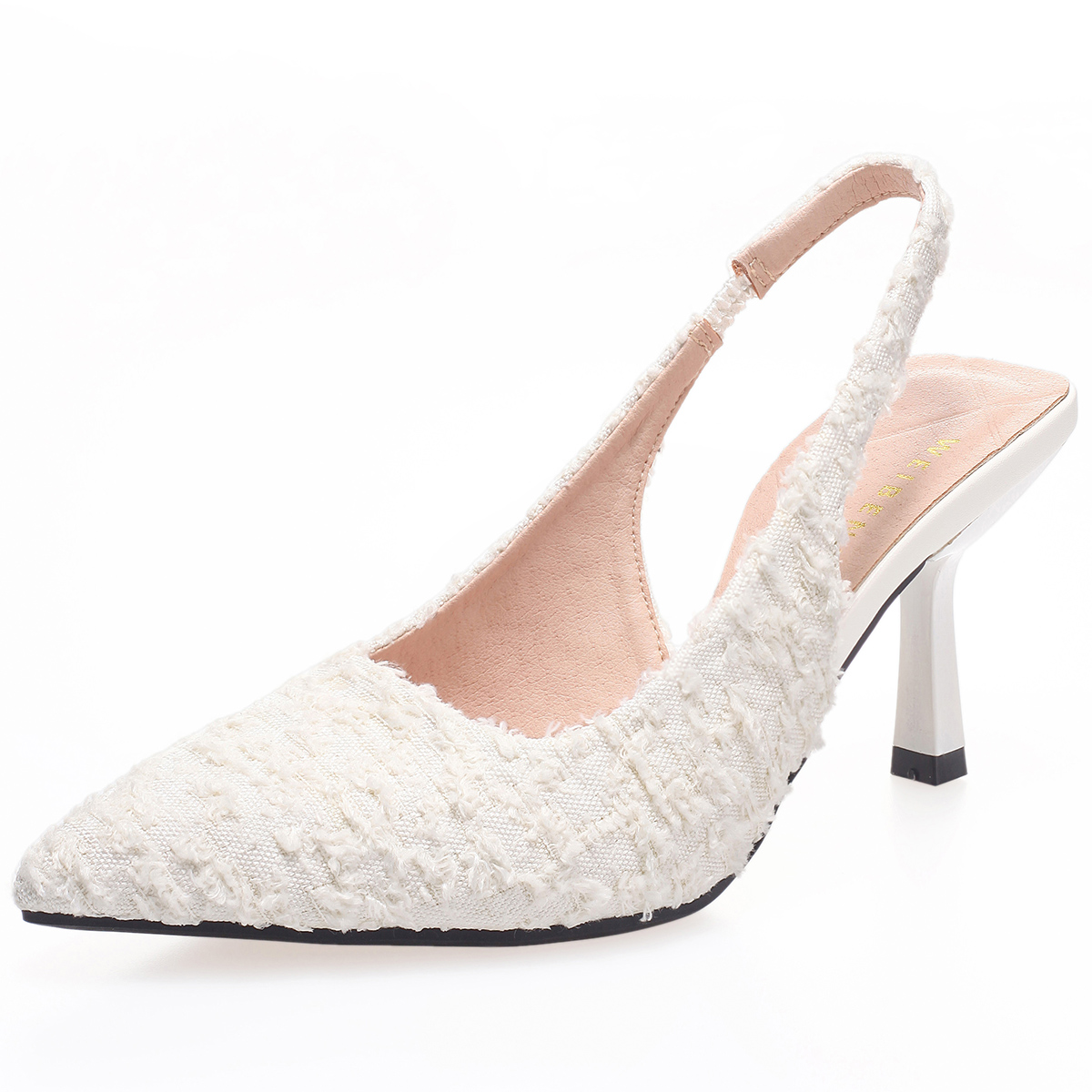 WEIBENA 女士织物流苏白色高跟鞋优雅性感尖头后提带凉鞋适合派对和正式场合