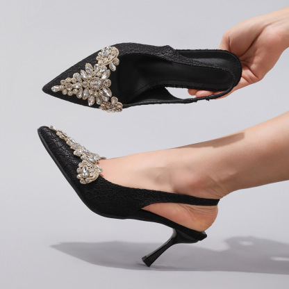 Rhinestone Women's Sexy Pointed Toe Pearl High Heels Fabric Embroidery Glitter Gorgeous Wedding Sandals Cross-border European and American Style