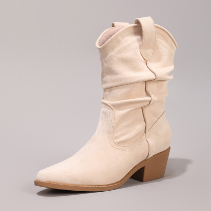 Women's Wrinkled Stretch Short Boots Slimming Slip-On Slouch Boots Pointed Toe Chunky Heel Casual Fashion Martin Boots