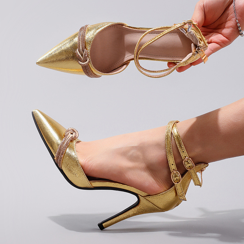 WEIBENA Women's Knotted Rhinestone High Heels Hollow Sexy Pointed Elegant Party Gold Super High Heel Sandals Cross-border Fashion