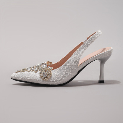 Rhinestone Women's Sexy Pointed Toe Pearl High Heels Fabric Embroidery Glitter Gorgeous Wedding Sandals Cross-border European and American Style