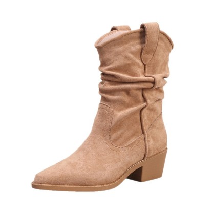 Women's Wrinkled Stretch Short Boots Slimming Slip-On Slouch Boots Pointed Toe Chunky Heel Casual Fashion Martin Boots
