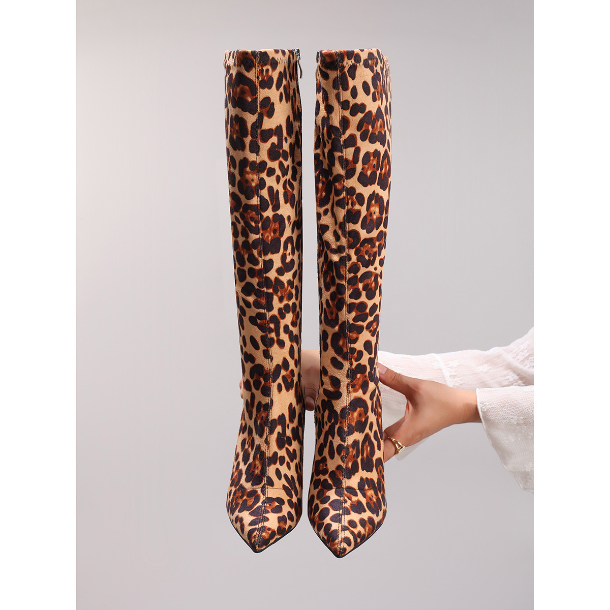 Fashion Leopard Print Long Boots Sexy Pointed Toe Side Zipper Chunky Heel Long Boots Party Prom Knee-High Boots Cross-Border Exclusive