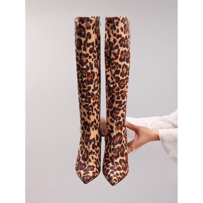 Fashion Leopard Print Long Boots Sexy Pointed Toe Side Zipper Chunky Heel Long Boots Party Prom Knee-High Boots Cross-Border Exclusive