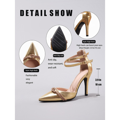WEIBENA Women's Knotted Rhinestone High Heels Hollow Sexy Pointed Elegant Party Gold Super High Heel Sandals Cross-border Fashion