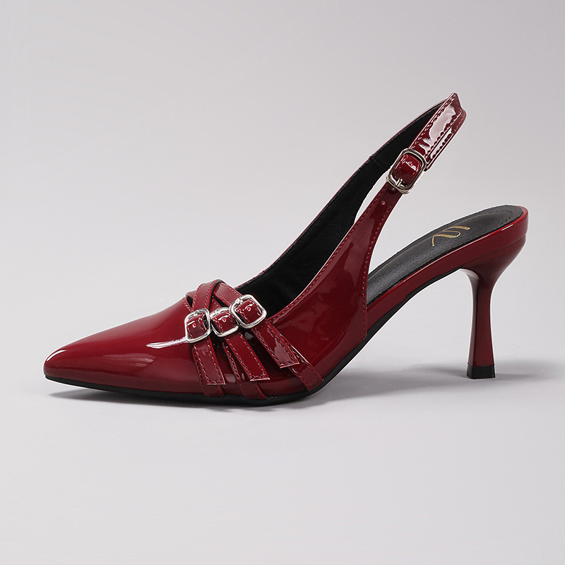 WEIBENA Women's High Heels with Metal Buckle Decoration, Burgundy Sexy Pointed Toe Kitten Heels, Fashion Party Sandals, Cross-border