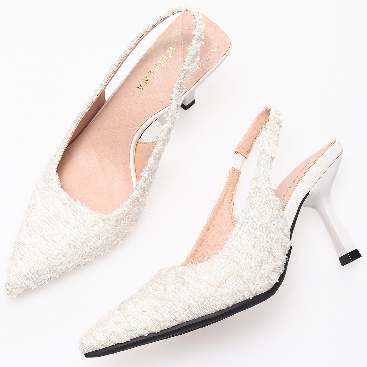 WEIBENA 女士织物流苏白色高跟鞋优雅性感尖头后提带凉鞋适合派对和正式场合