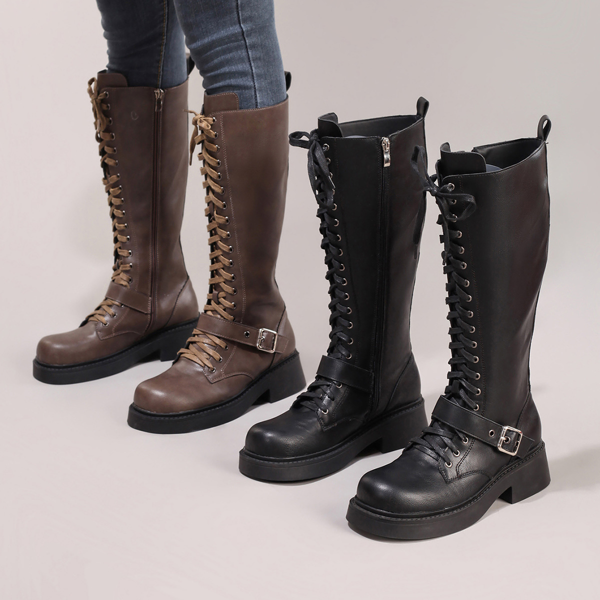 Platform Over-the-Knee Boots for Women, Round Toe, Chunky Heel, High Tube Riding Boots, Lace-Up, Casual Knee-High Motorcycle Boots, Cross-Border Exclusive