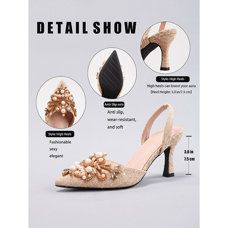 WEIBENA Women's Rhinestone Pearl High Heels Fabric Embroidery Glitter Sexy Pointed Gorgeous Wedding Sandals Cross-border European and American Style