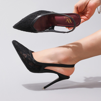 Fashion Lace Patchwork High Heels for Women Summer Elegant Sexy Pointed Toe Party Wedding Stiletto Sandals Cross-Border Exclusive