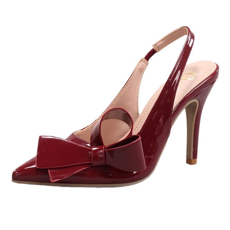 WEIBENA Bow High Heel Sandals Glossy Pu Elegant Sexy Pointed Toe Strap Women's Cross-Border European and American Sandals after Wedding Banquet