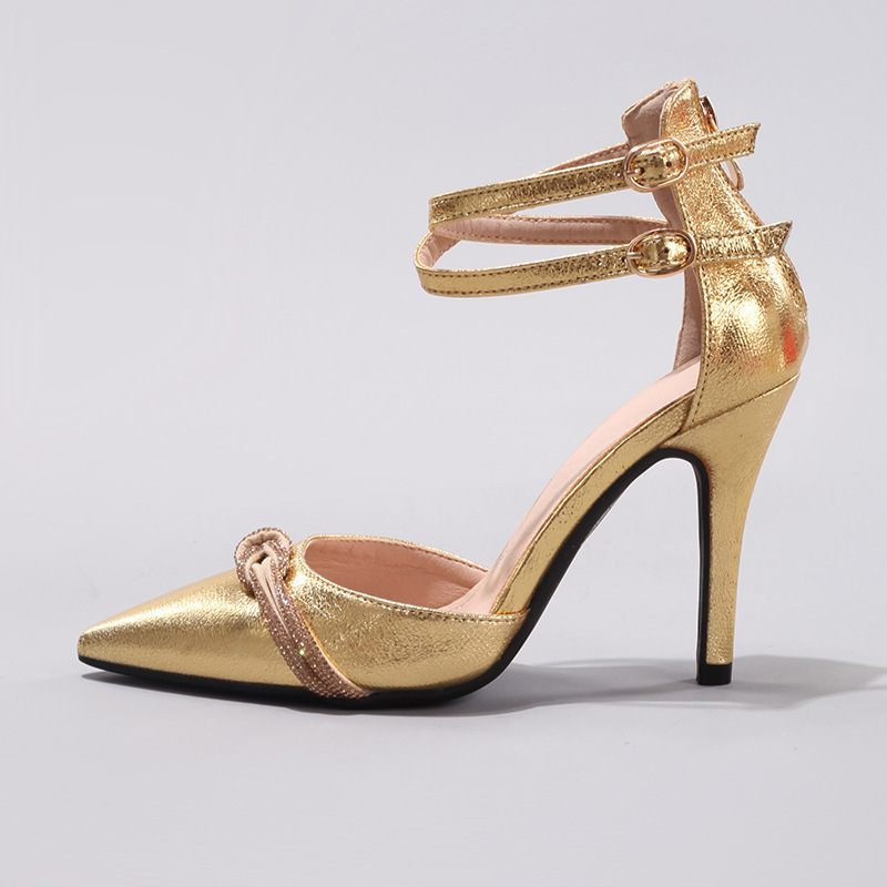 Women's Knotted Rhinestone High Heels Hollow Sexy Pointed Elegant Party Gold Super High Heel Sandals Cross-border Fashion