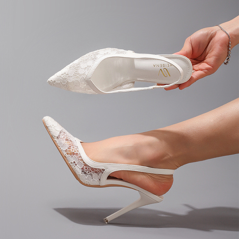 Fashion Lace Patchwork High Heels for Women Summer Elegant Sexy Pointed Toe Party Wedding Stiletto Sandals Cross-Border Exclusive