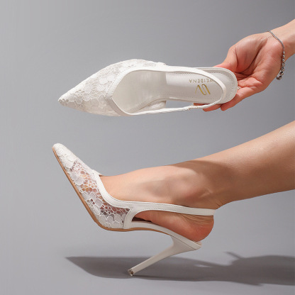 Fashion Lace Patchwork High Heels for Women Summer Elegant Sexy Pointed Toe Party Wedding Stiletto Sandals Cross-Border Exclusive