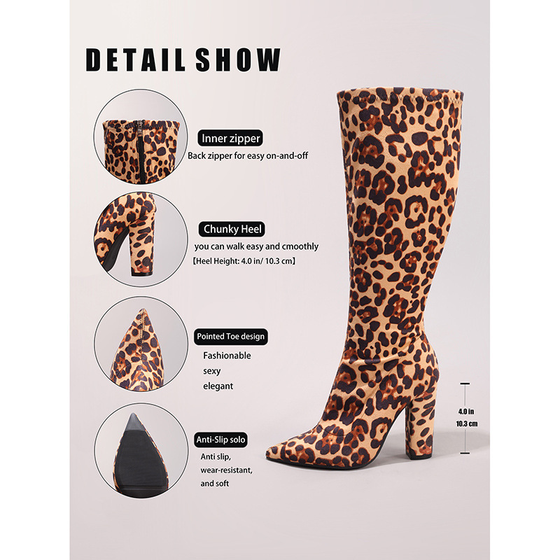 Fashion Leopard Print Long Boots Sexy Pointed Toe Side Zipper Chunky Heel Long Boots Party Prom Knee-High Boots Cross-Border Exclusive
