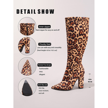 Fashion Leopard Print Long Boots Sexy Pointed Toe Side Zipper Chunky Heel Long Boots Party Prom Knee-High Boots Cross-Border Exclusive