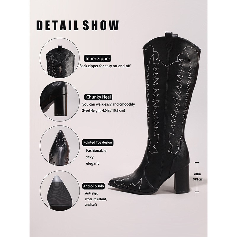 Women's Embroidered Long Boots Sexy Pointed Toe Chunky Heel Knee-High Boots Side Zipper Casual Autumn Winter High Heel Fashion Long Boots