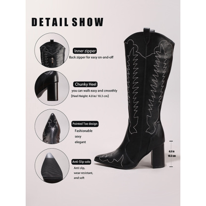 Women's Embroidered Long Boots Sexy Pointed Toe Chunky Heel Knee-High Boots Side Zipper Casual Autumn Winter High Heel Fashion Long Boots