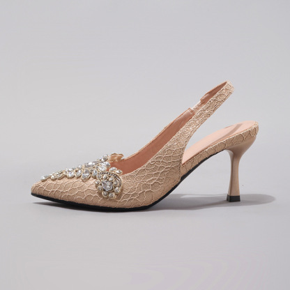 Rhinestone Women's Sexy Pointed Toe Pearl High Heels Fabric Embroidery Glitter Gorgeous Wedding Sandals Cross-border European and American Style