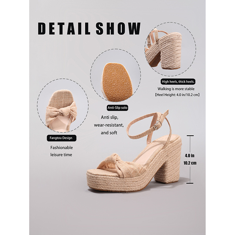 Jute Rope Wedge Thick Sole Sandals with Knotted Strap Summer Casual Vacation Waterproof Platform High Heels Cross-Border European and American Style